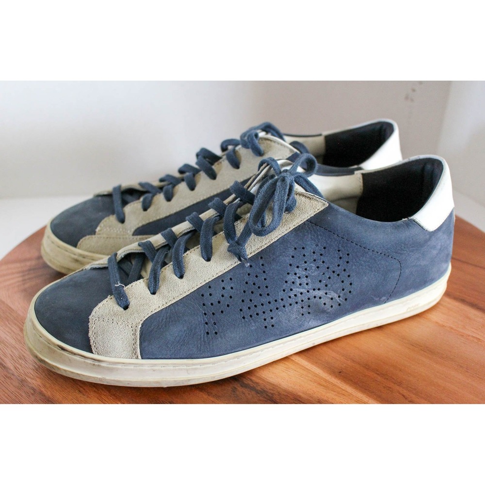 P448 Low Top Sneakers Mens 46 Blue Nubuck Suede Lace Up Shoes Perforated Logo